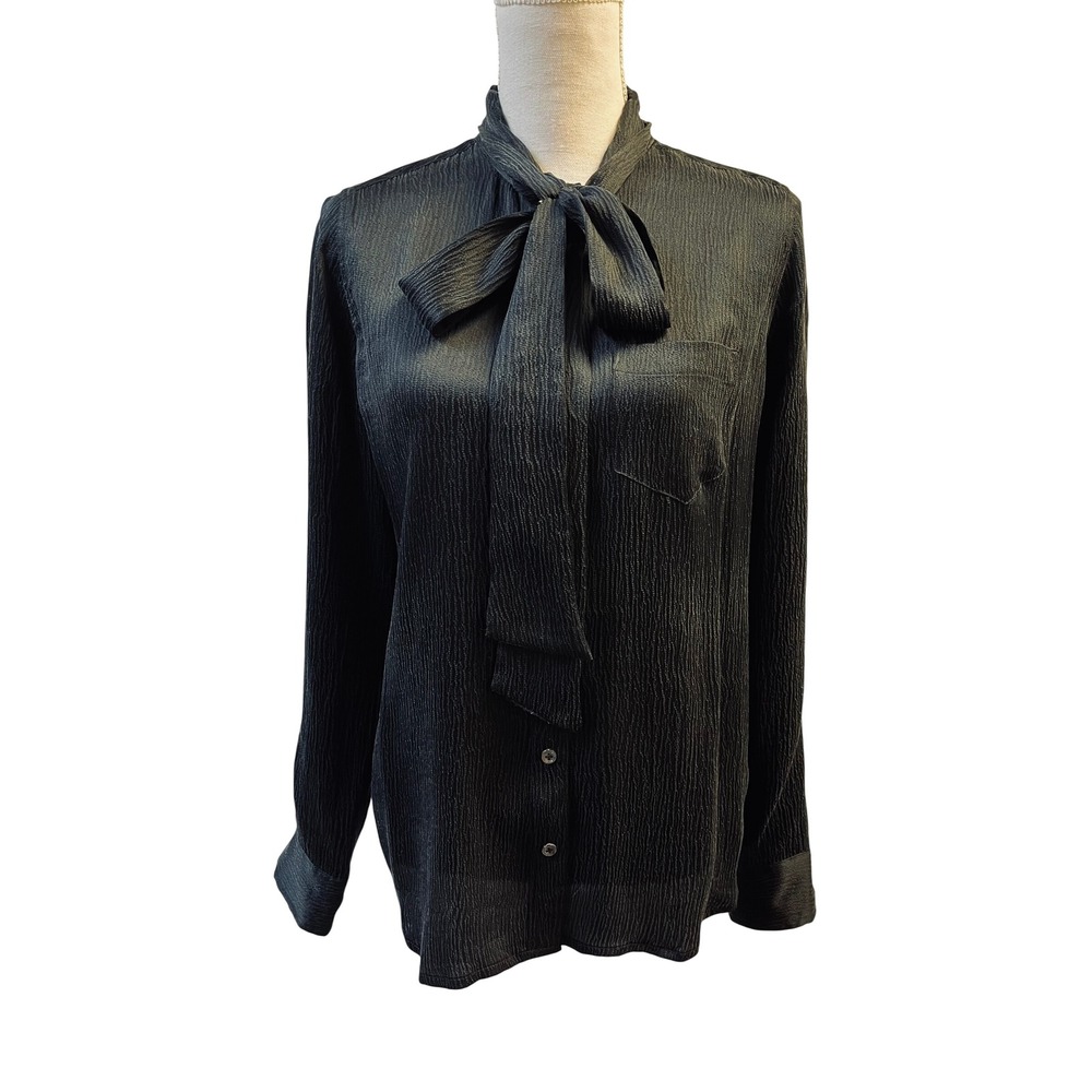 Equipment Femme Blouse M Black Silk Plisse Tie Neck Victorian Goth Feminine Luxe